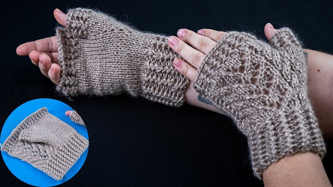 Fingerless mittens on 2 knitting needles with an amazing pattern -  tutorial for beginners!