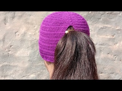 Crochet ponytail hat tutorial and pattern for adults, #diy #kushicrochet  Very easy Crochet trick