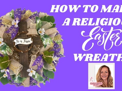 How to Make a Religious Wood Cross Easter Mesh and Ribbon Wreath, He is Risen Home Decor DIY