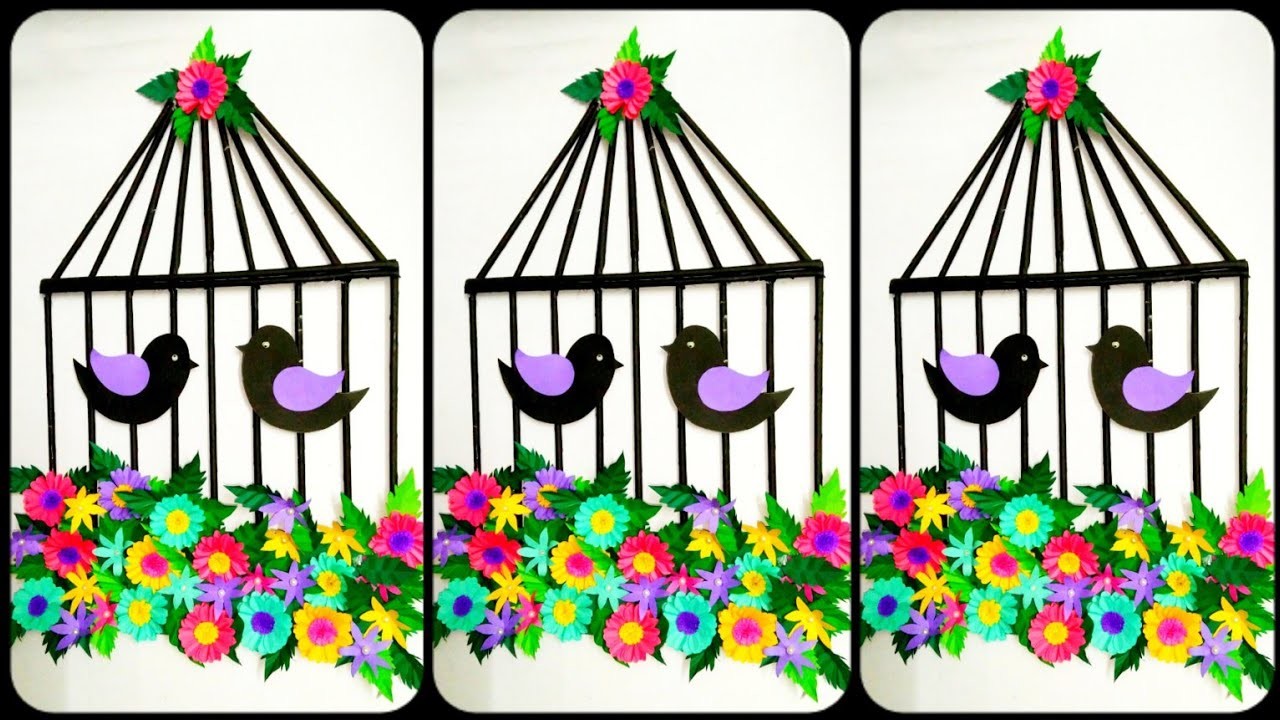 How to make bird cage wall hanging craft| Paper flower wall hanging for home decoration| Paper craft