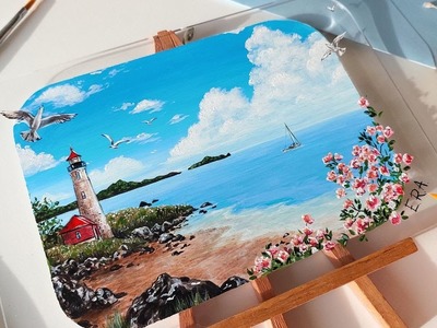 Painting on Plexiglass- Beach + Lighthouse + Seagulls! Full Drawing Process Using Acrylic Paint!
