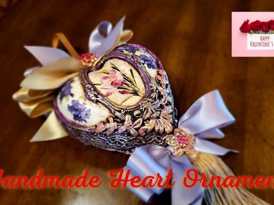 Valentine’s Vintage Heart Ornament Gift Idea, Decoupage, Rice Paper, Rhinestone Brooch, Ribbon Bows
