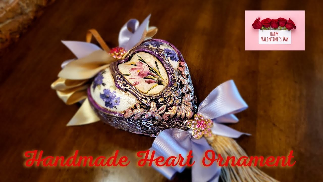 Valentine’s Vintage Heart Ornament Gift Idea, Decoupage, Rice Paper, Rhinestone Brooch, Ribbon Bows