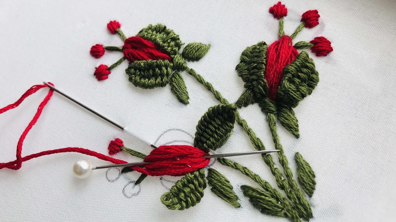 Hand Embroidery:Rose Bud Embroidery - Embroidery For Handkerchief -Embroidery For Kurtis- Needle Art