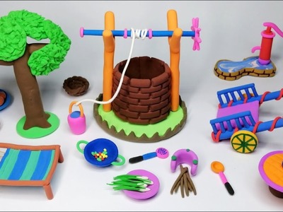 DIY How to make polymer clay miniature village, water well, cart, tree and kitchen set