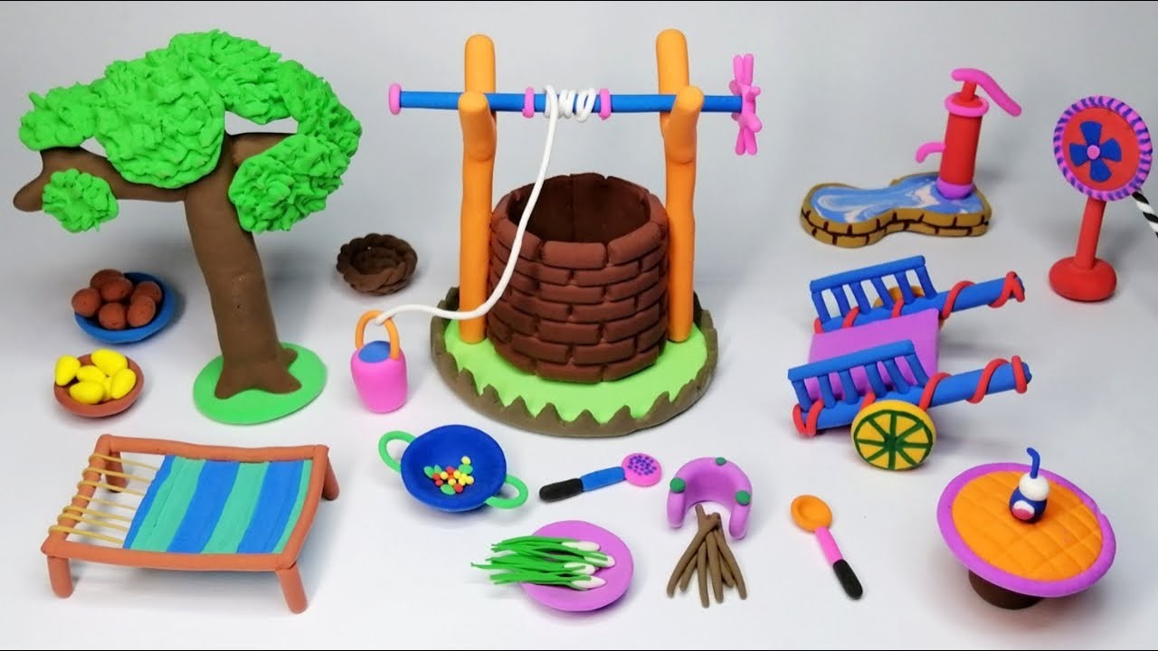 DIY How to make polymer clay miniature village, water well, cart, tree and kitchen set