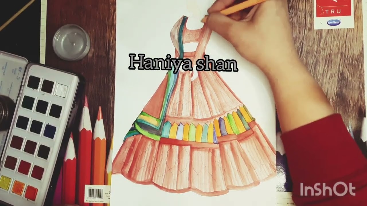 Draw lenenga with embroidery. Full lenenga illustration with watercolor full embroidered #tutorial