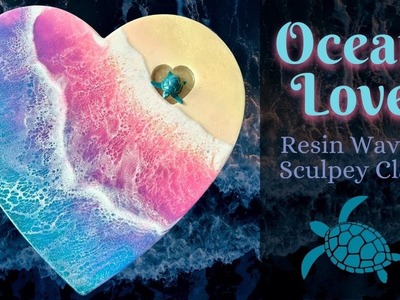 Ocean Love! Pretty pink-teal resin waves & polymer clay turtle. Piggy Love Valentine's Collab 2023