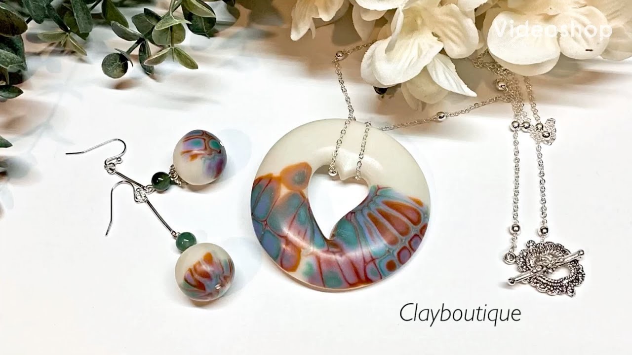 Polymer Clay Faux Porcelain Hollow Pendant, and Earrings