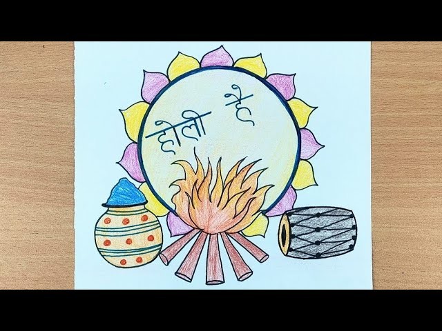 Poster Drawing For Holi Festival. Holika Dahan Drawing For Kids