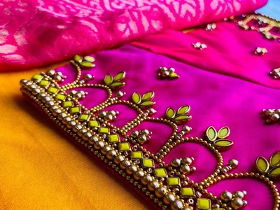 Very simple & easy Kundan and bead aari work bridal blouse design with normal needle