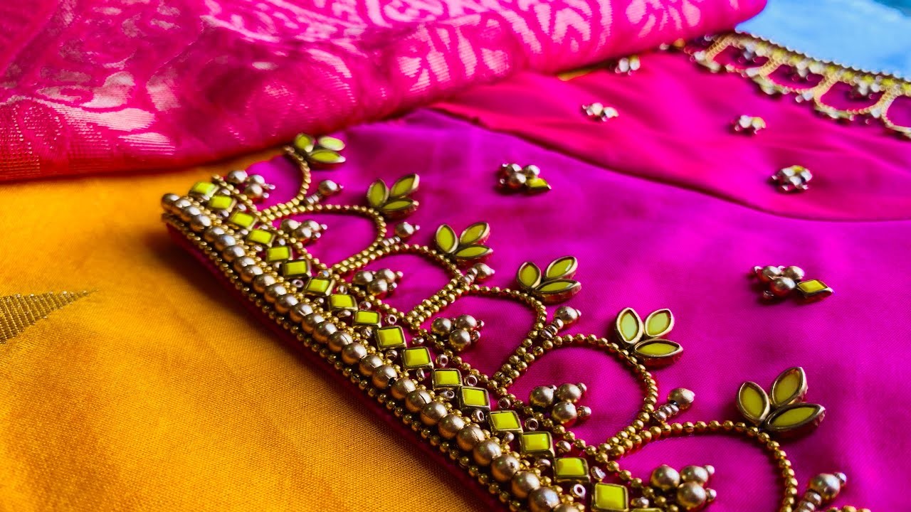 Very simple & easy Kundan and bead aari work bridal blouse design with normal needle
