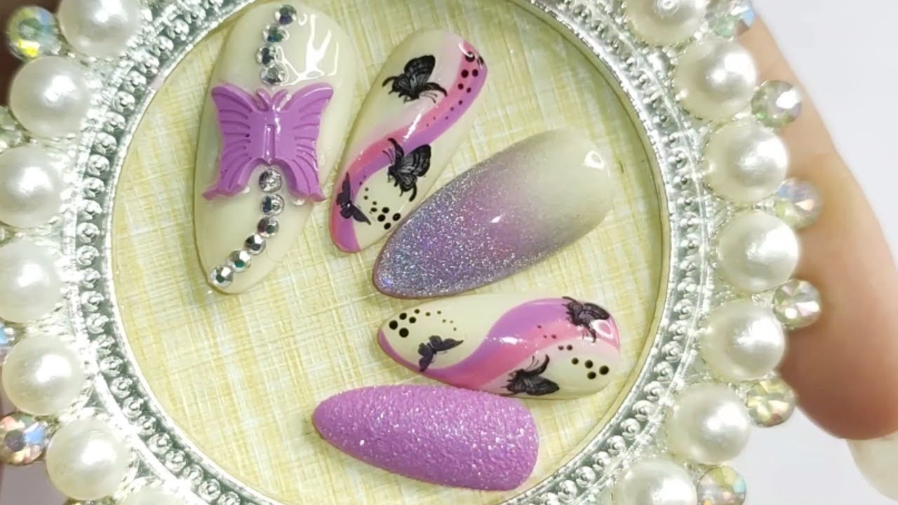 #121 easy ombre nail art design with butterfly and rainbow cat eye | easy nail art for beginners
