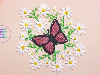????????Amazing fancy butterfly stitch with beautiful flower design easy tutorial hand  embroidery video????????