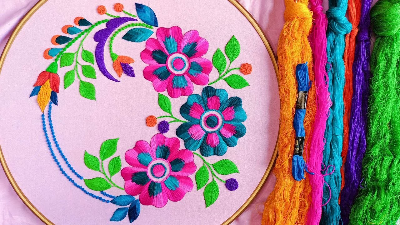 New Flower hand #embroidery.satin stitch flower needlepoint tutorial.Hoop art,cushion cover design