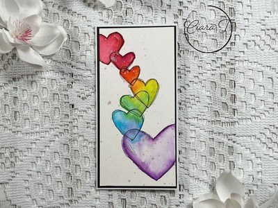 Simple Hand Painted Rainbow Watercolour Hearts Mini Slimline Card Tutorial