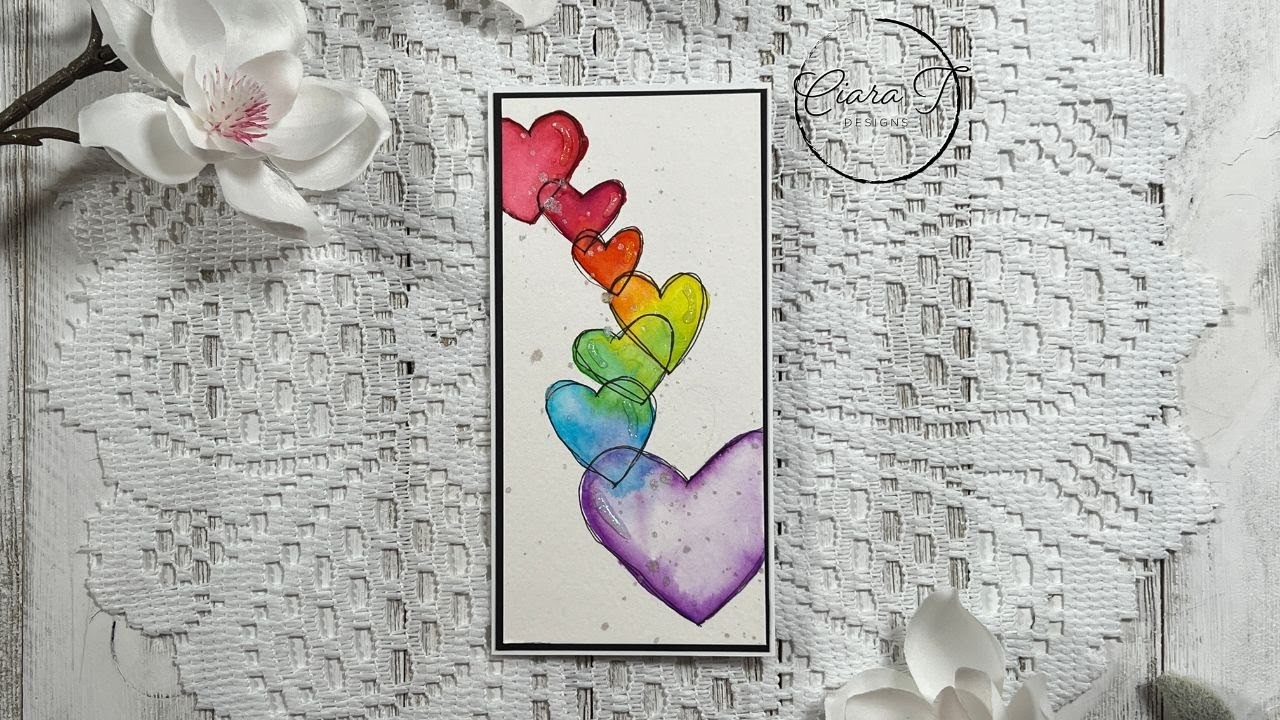 Simple Hand Painted Rainbow Watercolour Hearts Mini Slimline Card Tutorial