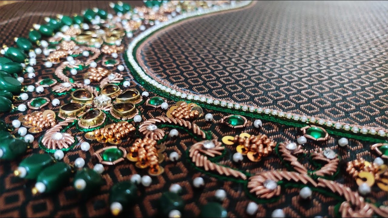 Copper zardosi floral embroidery | green zardosi embroidery | #61 #maggamwork #nikidesigners