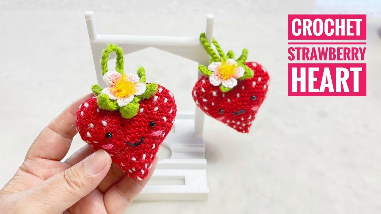 Crochet strawberry heart keychain