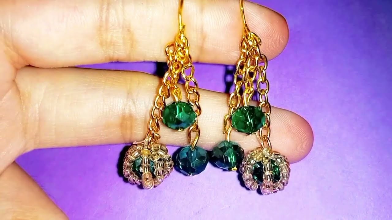 Earring. Green & Golden. hand made. beads design