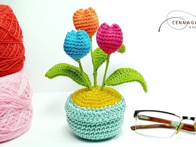 Crochet Flower Pot || Easy Crochet  Mini Tulips in a Pot Tutorial || A Tulips Flowers Amigurumi