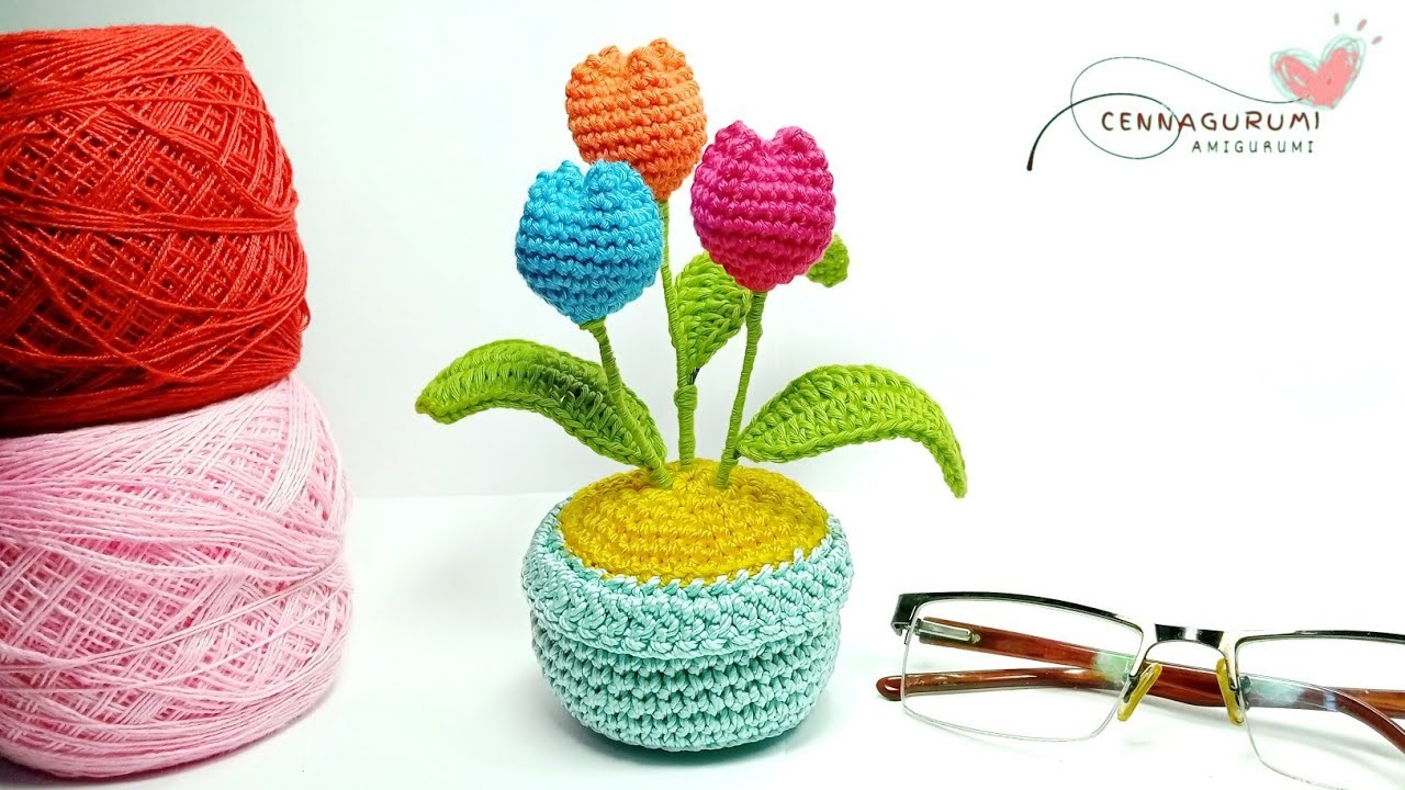 Crochet Flower Pot || Easy Crochet  Mini Tulips in a Pot Tutorial || A Tulips Flowers Amigurumi