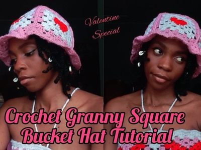 Crochet granny square Hat. Crochet Valentine bucket hat. Part one of cupid set