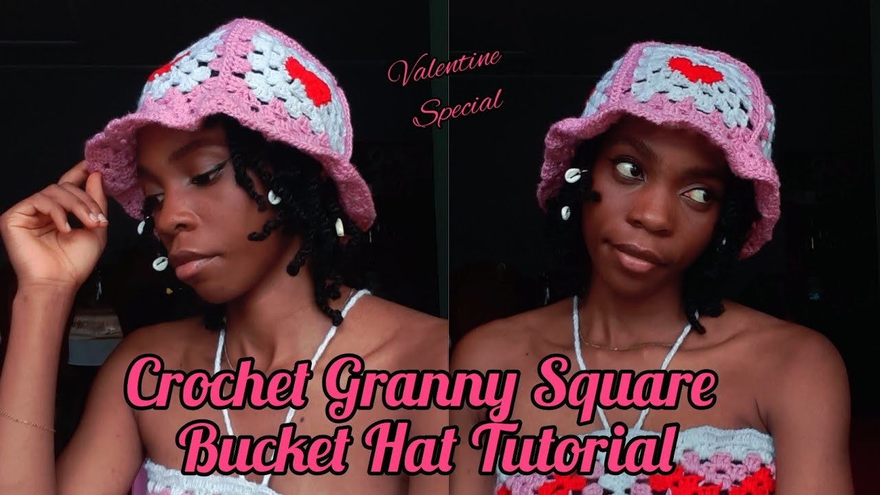 Crochet granny square Hat. Crochet Valentine bucket hat. Part one of cupid set
