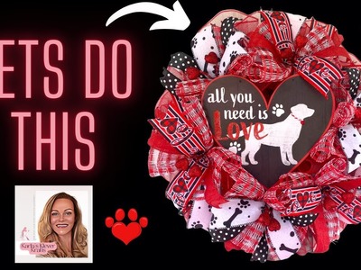 How to Make a Valentines Day Pet. Dog. Paw Print Wreath, DIY Red Heart Mesh Wreath