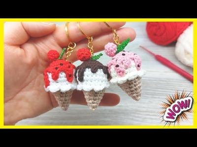 NO SEW!♥How to (Amigurumi) Crochet For Beginners? Mini İce Cream -Tığ işi Dondurma Anahtarlık