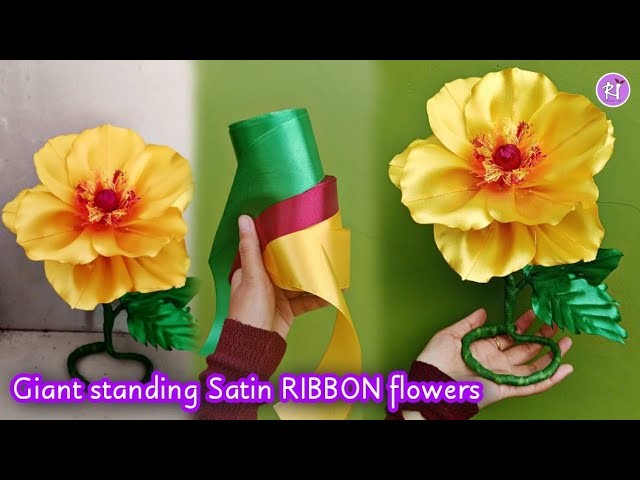 DIY How to make Giant standing Satin ribbon flowers easy | satin ribbon flower rose Double Petals