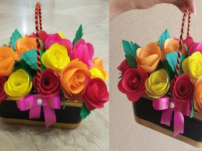 Flower basket||waste plastic box craft ideas||Floral basket|| paper flower basket @ujalacraftideas