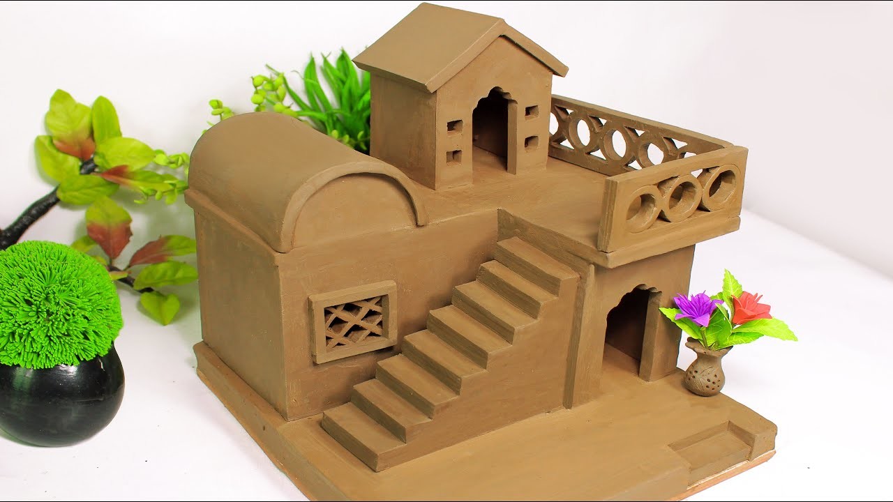 How to make Miniature clay House| Build 2 storey Village house with clay | Amazing Clay Idea