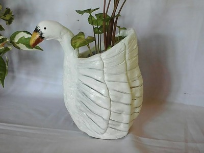 Plastic bottle awesome flower vase making.swan Craft ideas. White cement showpiece craft.