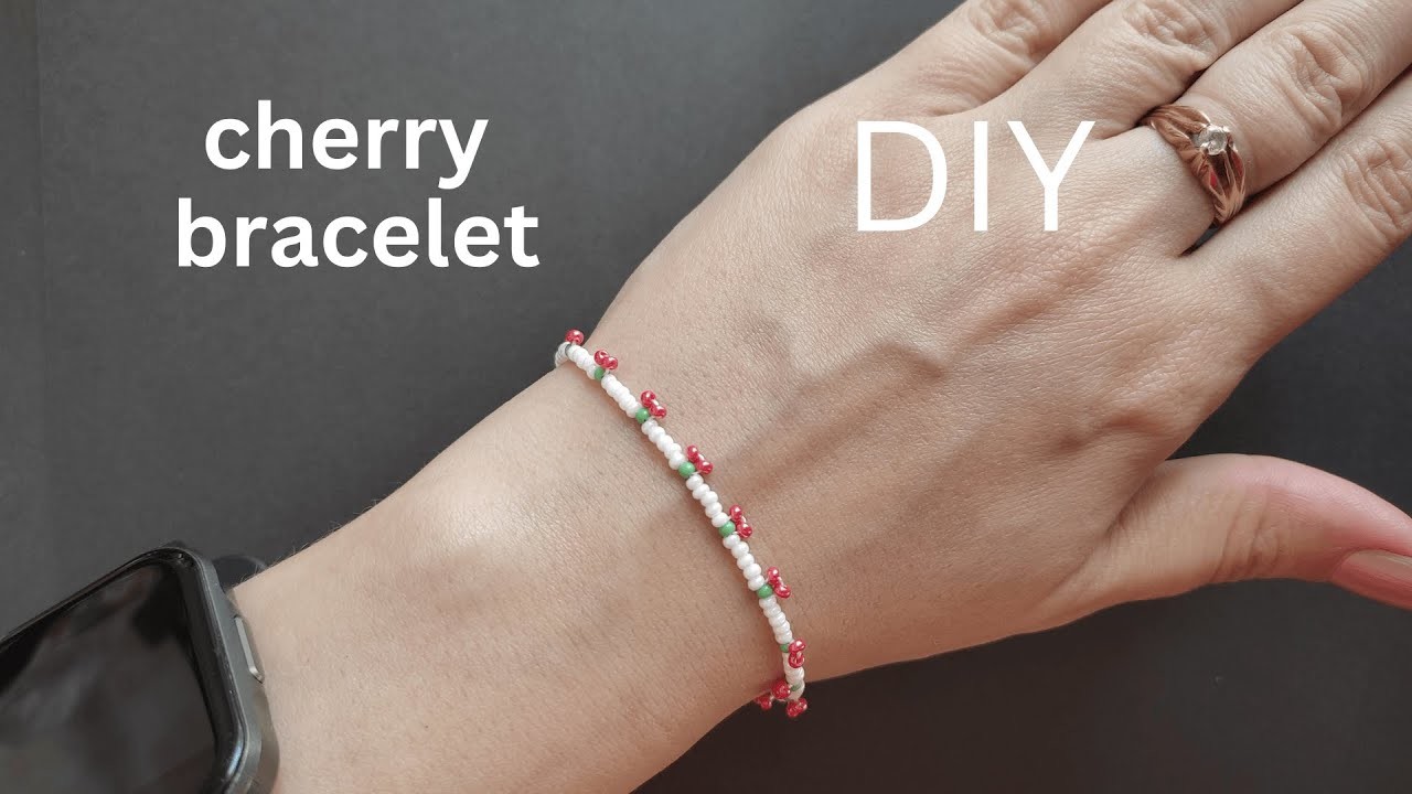 Cherry chain bracelet, beaded chain bracelet for summer tutorial, beading diy, easy make