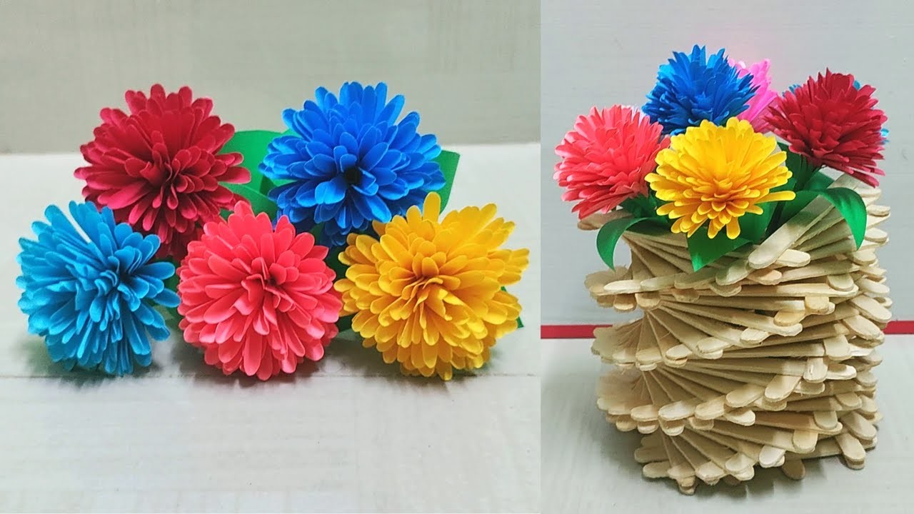 Flower Vase With Ice Cream Sticks| Making Paper Flowers | DIY Easy Flower Vase With Popsicle Sticks