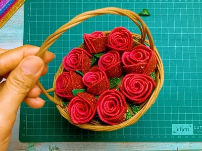 Teaching how to make flower baskets A basket of miniature roses, a gift of rose from glitter foam.