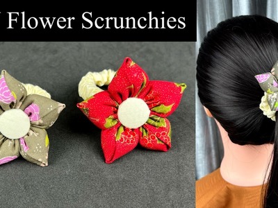 Beautiful Flower Scrunchies . How to make Flower Fabric Scrunchies. DIY Fabric Flower.