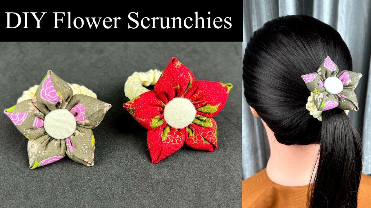 Beautiful Flower Scrunchies . How to make Flower Fabric Scrunchies. DIY Fabric Flower.