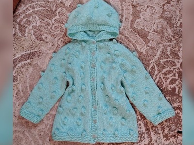 How to knit a raglan top down baby hoody cardigan with cute popcorn popples 2-3 years (part 1)