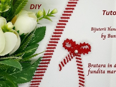 DIY Bratara peyote diagonal in dungi si Fundita - martisor. Beaded peyote bracelet and beaded bow