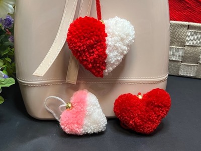 Easy heart making tutorial using yarn.wool -DiY heart pompom -Valentines gift ideas♥️bag accessories