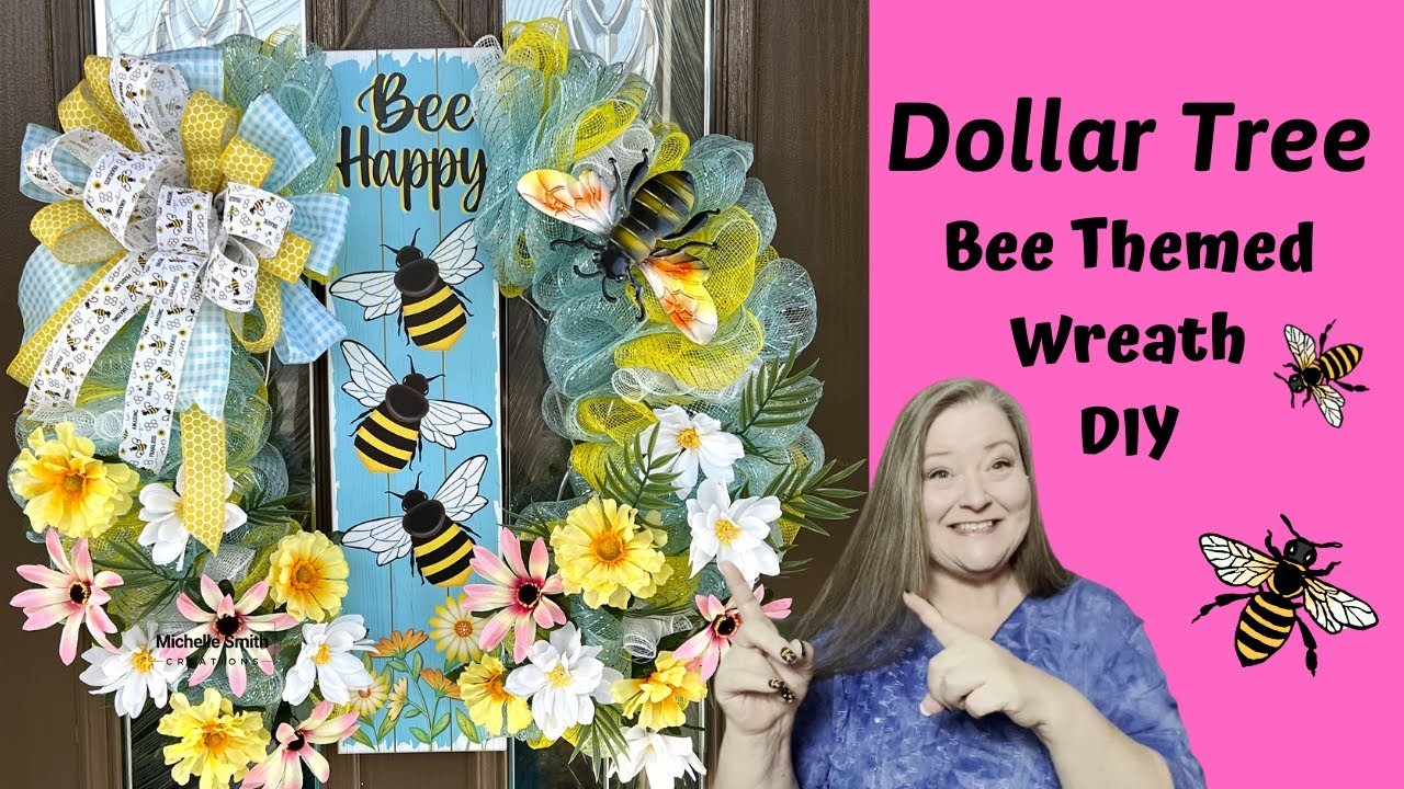 Spring Bee Themed Wreath DIY.Dollar Tree Spring Wreath DIY.Spring Bee DIY.Bee Happy Deco Mesh Wreath