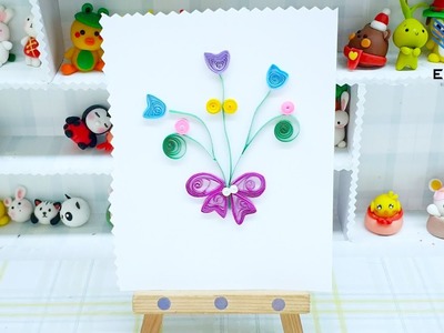 Unique Bell Flower Bouquet Quilling Paper with Large Purple Bow | Bouquet Decor Card Quilling Guide