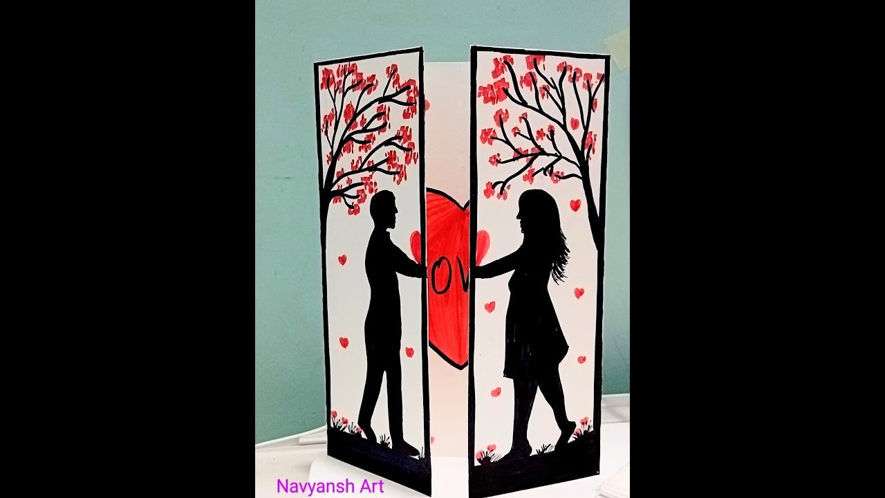 Valentine Day beautiful handmade card drawing on White paper.Love card making idea