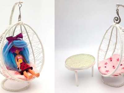 DIY Miniature Swing Egg Chair Rattan and glass table for the Doll. #dollfurniture #dollhousedecor