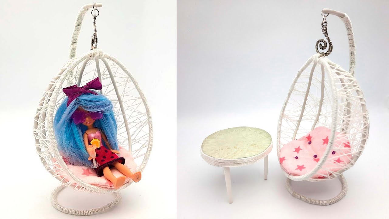 DIY Miniature Swing Egg Chair Rattan and glass table for the Doll. #dollfurniture #dollhousedecor