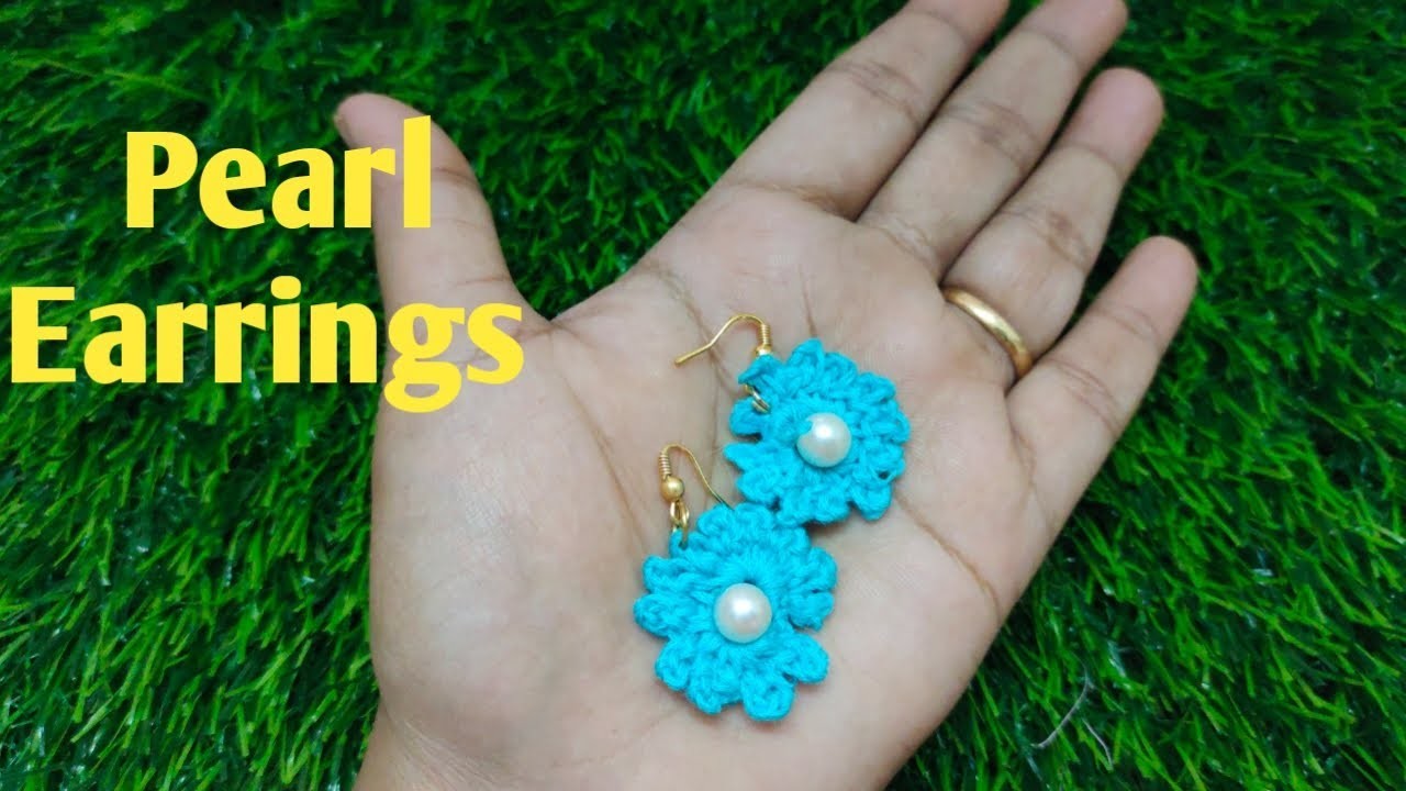Handmade earrings. diy crochet pearl flower earrings