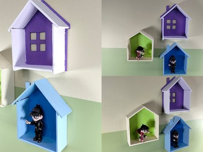 3 easy diy house shape wall shelf ideas | Mini house wall hanging craft using paper board