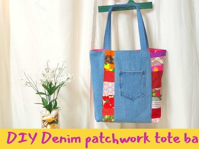 DIY Denim Patchwork Tote Bag.Upcycling Denim and Scrap Fabric into a Tote Bag.Handmade Everyday Tote